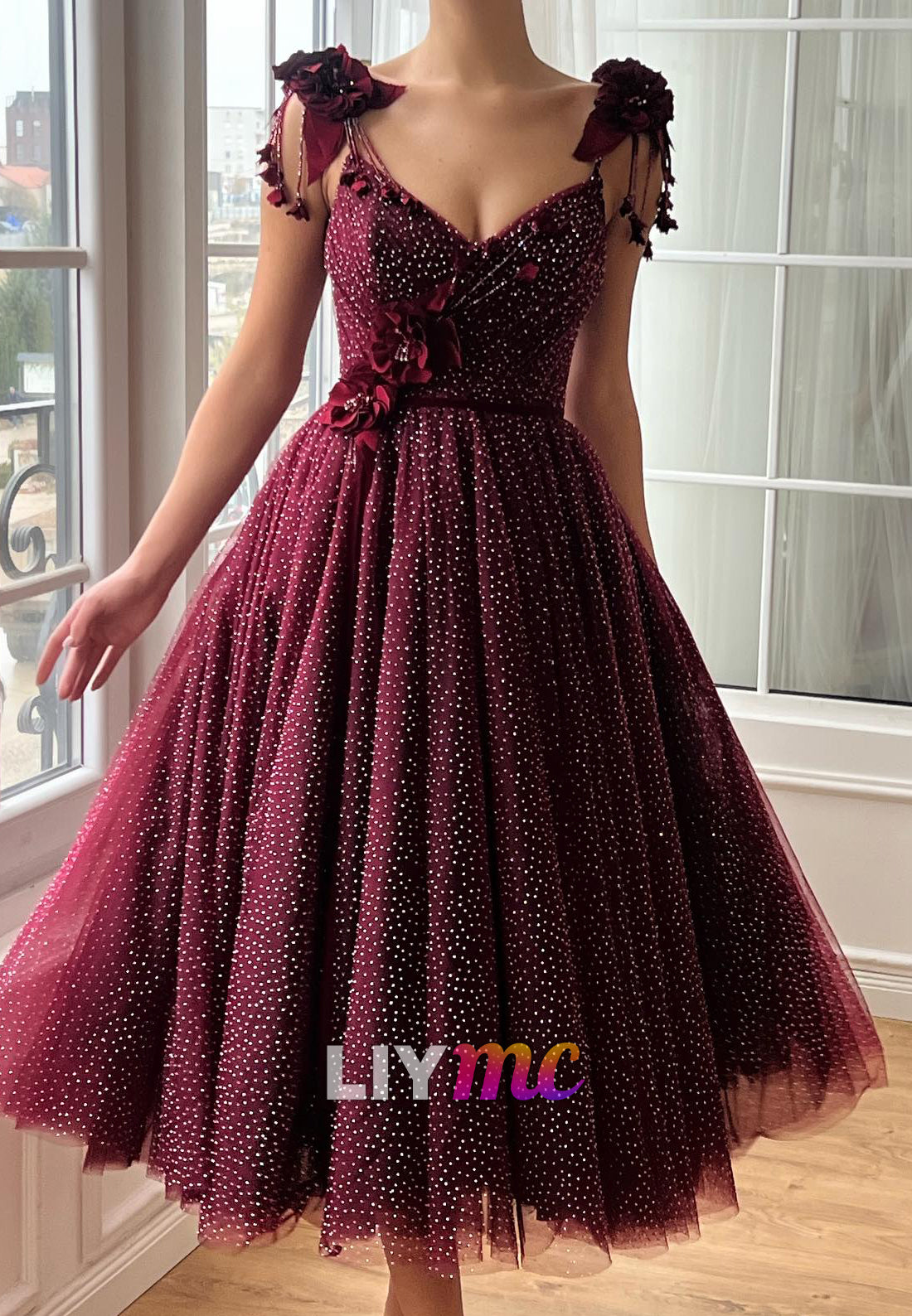 V-Neck Straps Floral Pleated Prom Dress A-Line Party Dress