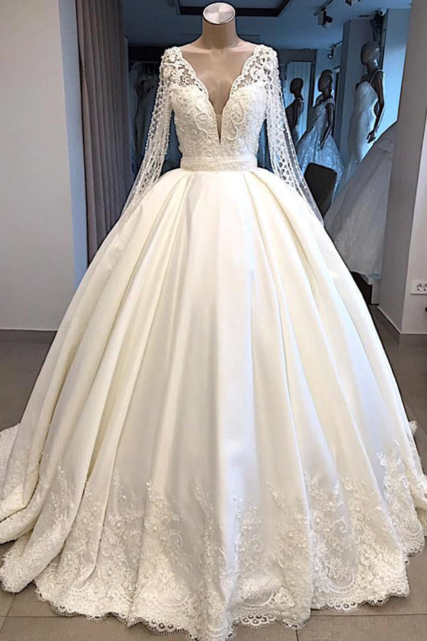V-neck Long Sleeve Ball Gown Wedding Dress  | Satin Beaded Lace Luxury Bridal Gowns Online