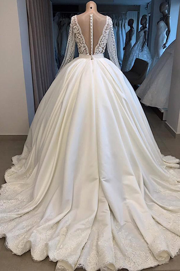 V-neck Long Sleeve Ball Gown Wedding Dress  | Satin Beaded Lace Luxury Bridal Gowns Online