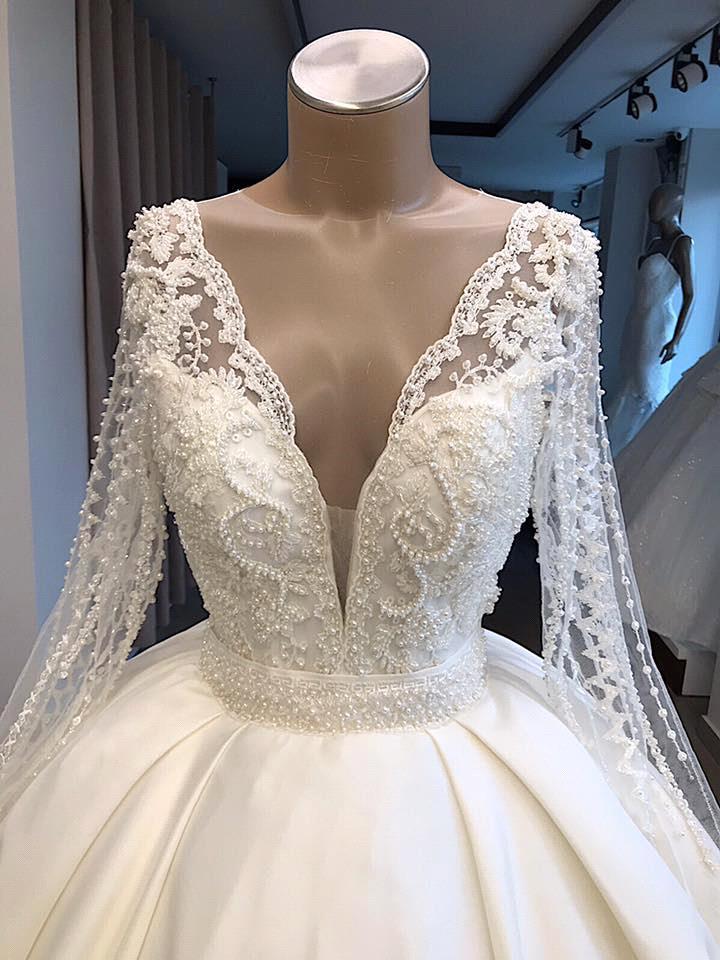 V-neck Long Sleeve Ball Gown Wedding Dress  | Satin Beaded Lace Luxury Bridal Gowns Online