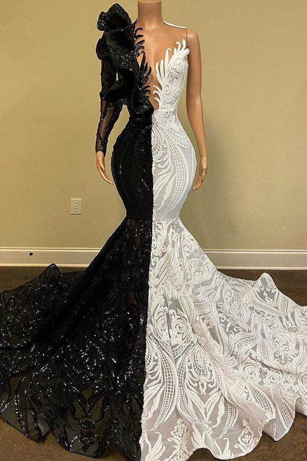 V-neck One Shoulder Long Sleeve Mermaid Prom Dresses