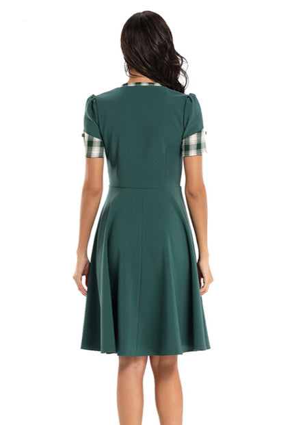 V-neck Plaid Patched A-line Prom Dress - Fashionpara