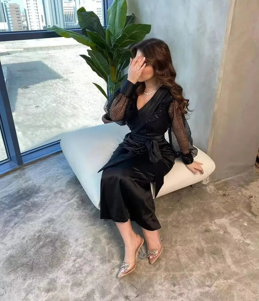 Black Sheath Arabia Midi Evening Dresses Satin Lace Long Sleeves Prom Party Gowns Ankle Length Formal Prom Dress