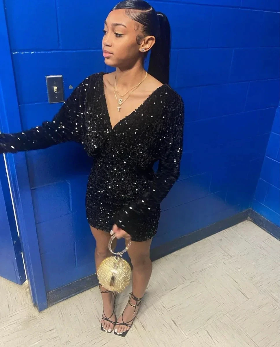 Shiny Black Sequins Homecoming Dress with Long Sleeves (ZD12791)