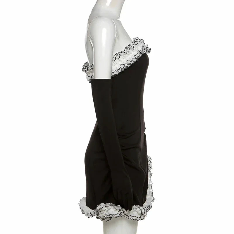 Black Party Tube Skirt Irregular White Ruffle Bandage Dress Black Homecoming Dress (ZD11947)
