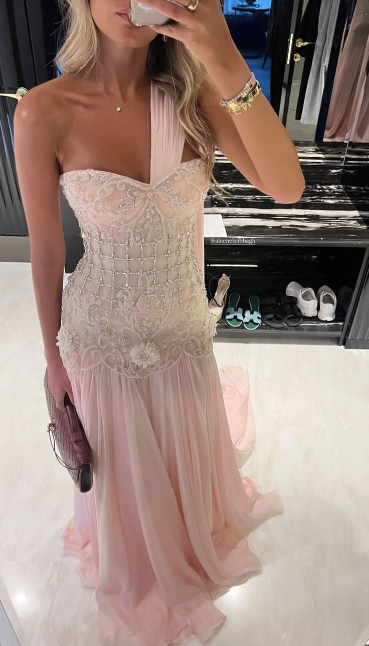 Pretty Pink One Shoulder Chiffon Beaded Appliques Long Party Dress Evening Dress