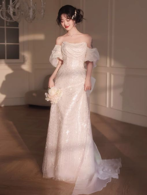 Pink A-Line Off-Shoulder Tulle Sequins Beaded Long Prom Dress Formal Evening Dress Y8050 - View 9 | VelvetHem