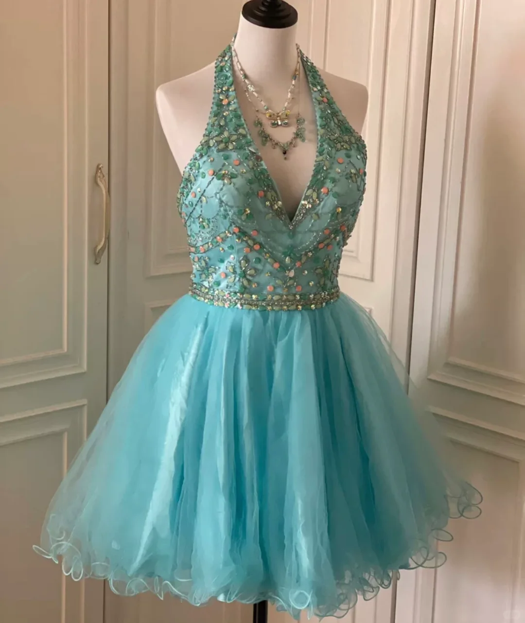 Vintage Blue Halter Tulle Beaded A Line Short Party Dress Formal Homecoming Dress