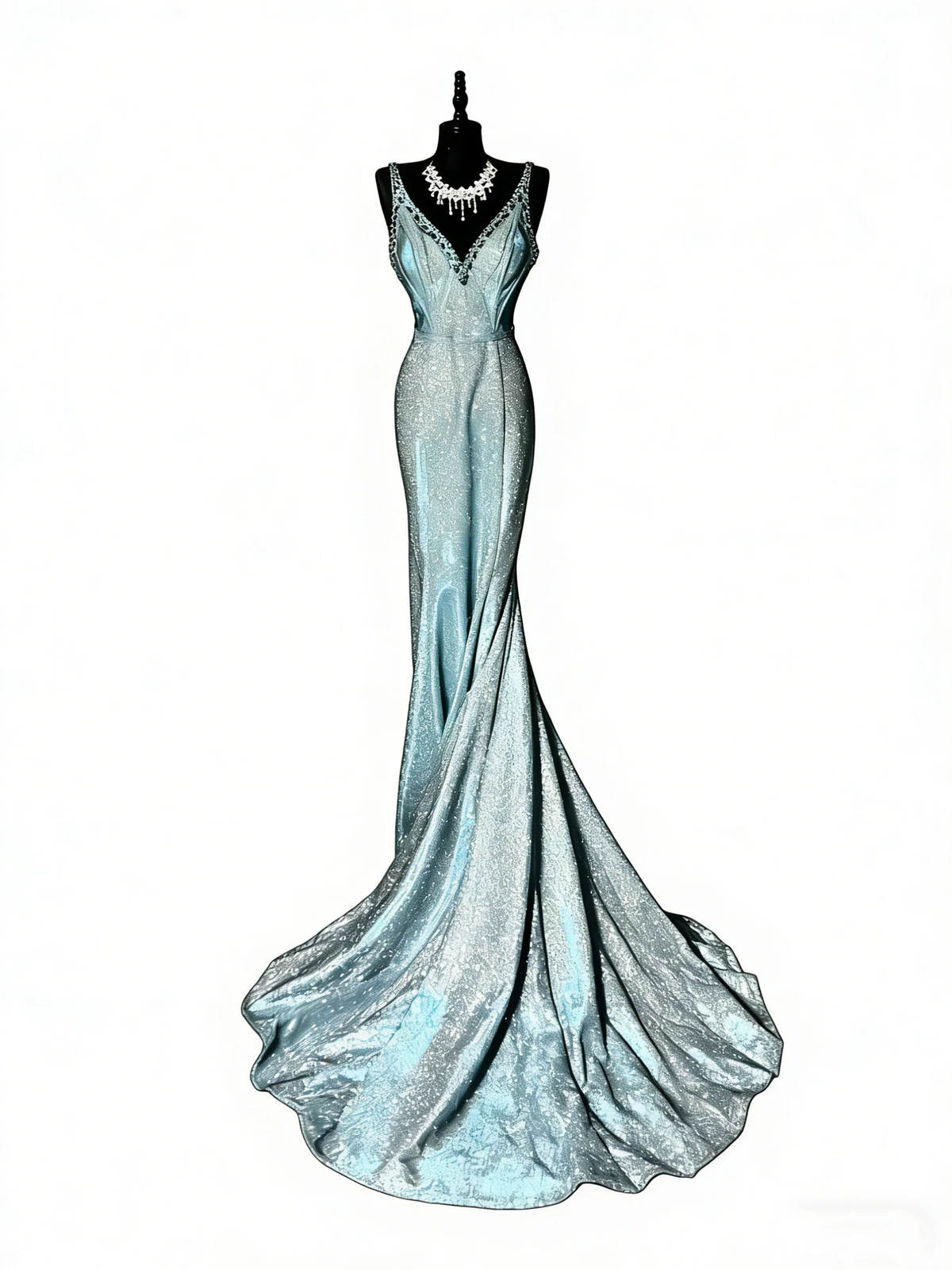Glitter V Neckline Sequin Beaded Mermaid Party Dress Blue Long Evening Gown D4888