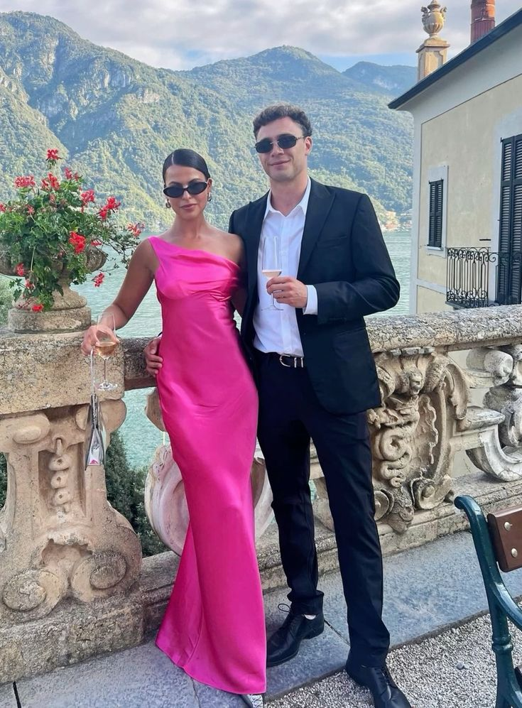 Sexy One Shoulder Long Prom Evening Gown Hot Pink Satin Party Dress
