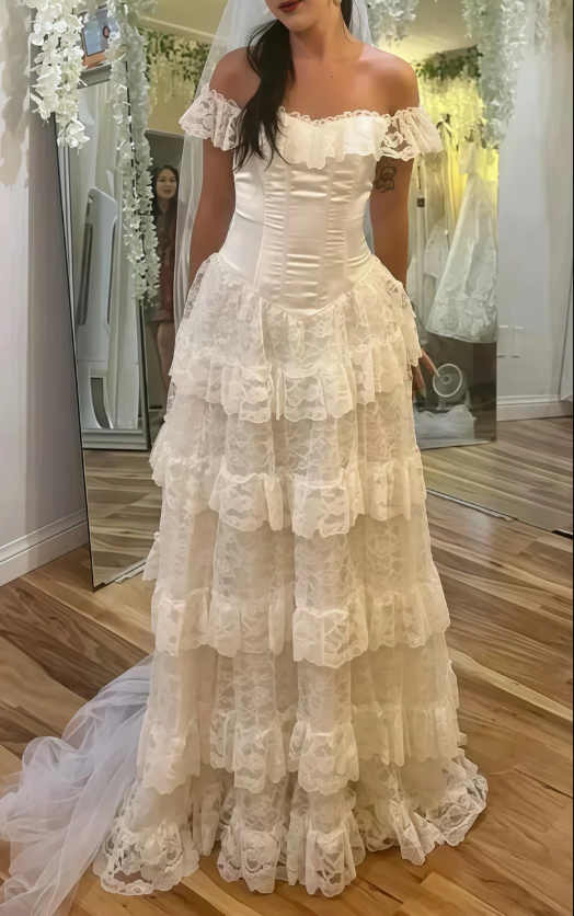 Classy Off The Shoulder Satin Lace Tiered Wedding Dress,White Prom Evening Dress