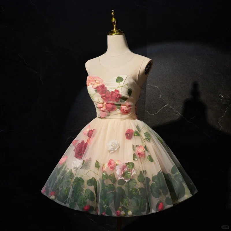 Pretty Champagne Tulle Floral Short Prom Dress Formal 19th Birthday Outfits