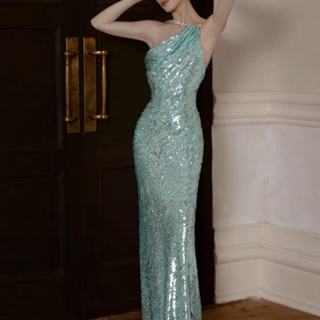Charming One Shoulder Sequin Green Mermaid Prom Dress Backless Long Evening Dress