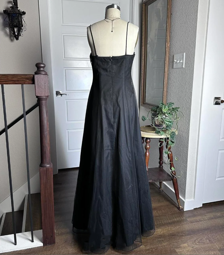 Chic Spaghetti Straps Black Satin Tulle Beaded A Line Birthday Prom Dress Long Party Dress