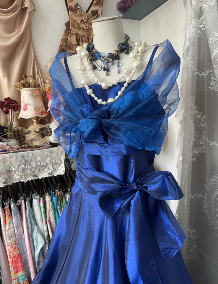 Chic Spaghetti Straps Blue Satin Long Party Dress Birthday Prom Dresses - View 2 | FashionDia