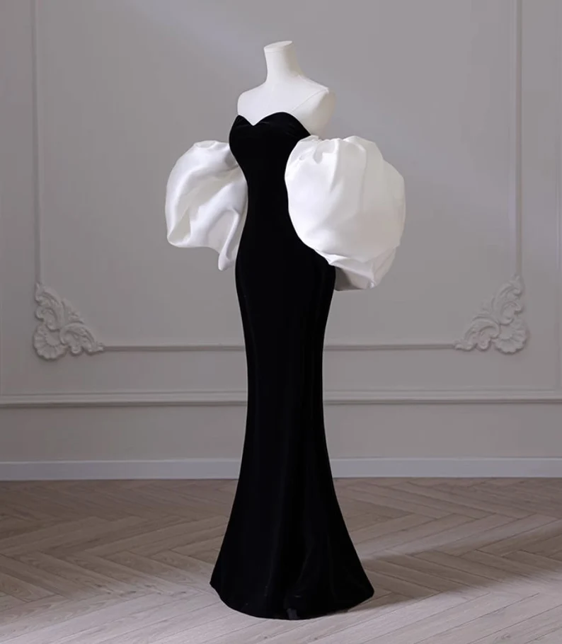 Black one-shoulder evening dress high-end mermaid banquet temperament prom dress Y4382 - View 3 | VelvetHem