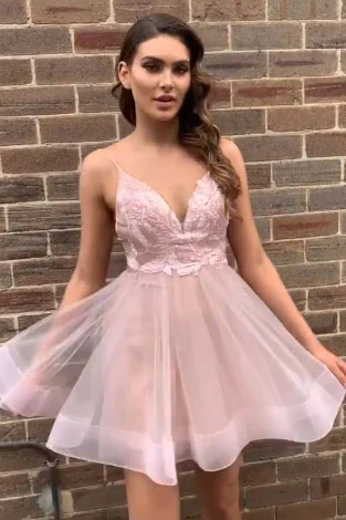 Simple Spaghetti Straps V Neck Backless Pink Short Homecoming Dress