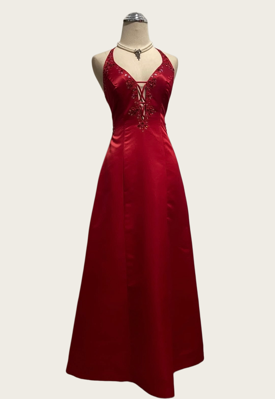 V-Neck Burgundy Beaded Retro Prom Dress Backless Evening Dress