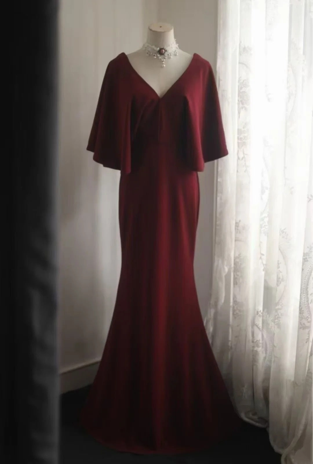 V Neck Burgundy Mermaid Modest Evening Dress  J10809