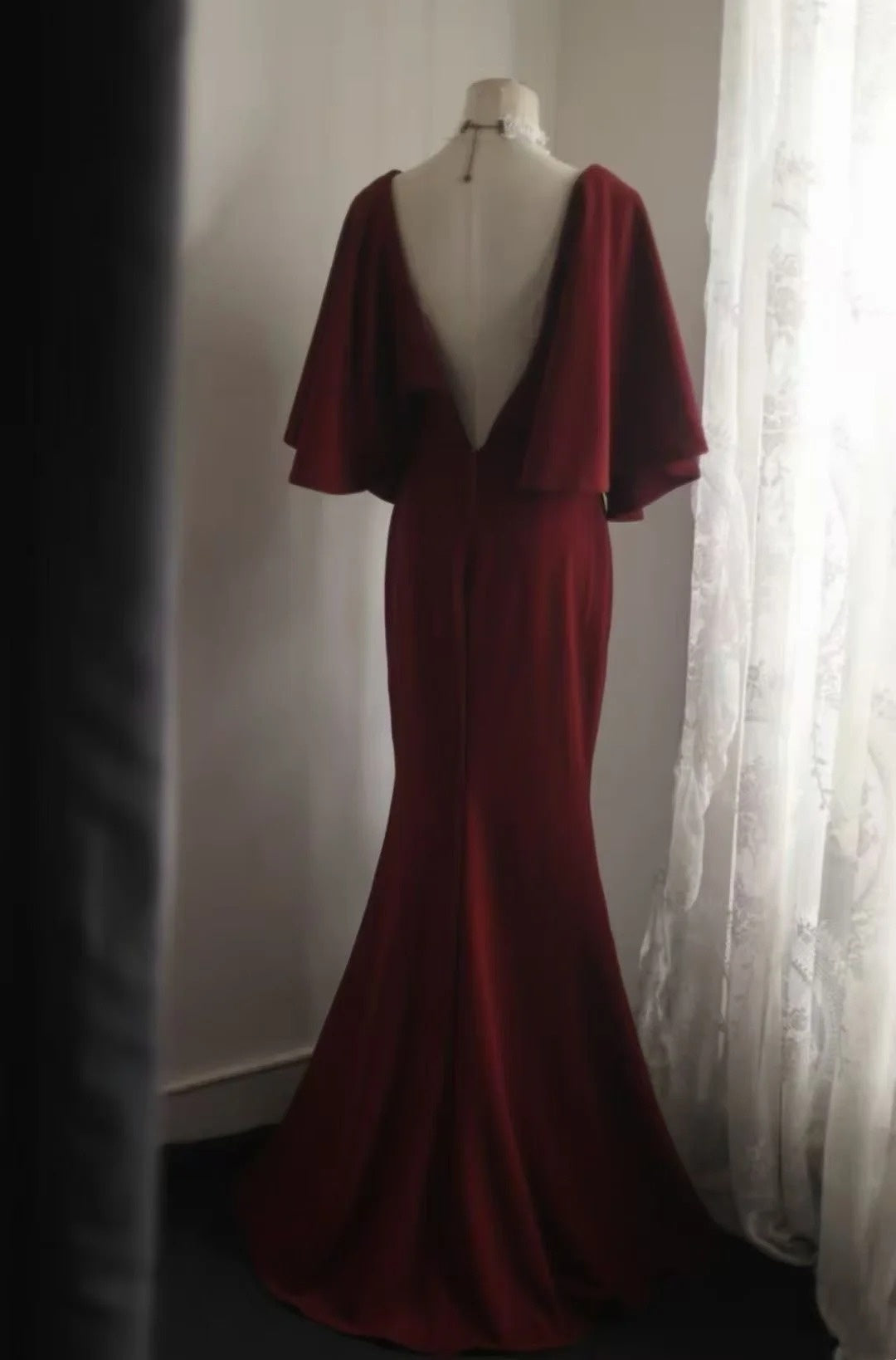 V Neck Burgundy Mermaid Modest Evening Dress  J10809