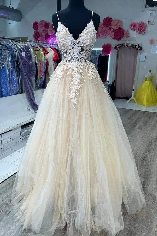 V Neck Champagne Tulle Lace Wedding Dresses Bridal Gown WD706 by pgmdress