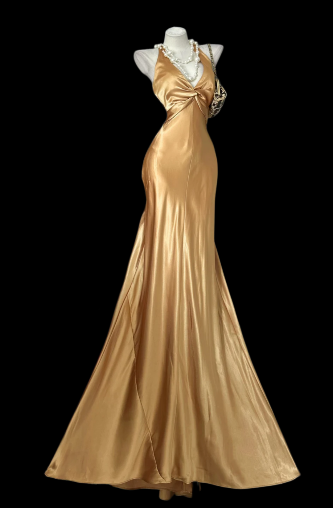 V-Neck Gold Mermaid Prom Dress Backless Formal Evening Dress