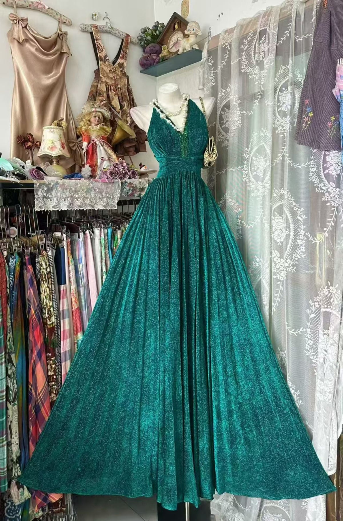 V-Neck Green Formal Prom Dress Sparkle Retro Evening Dress