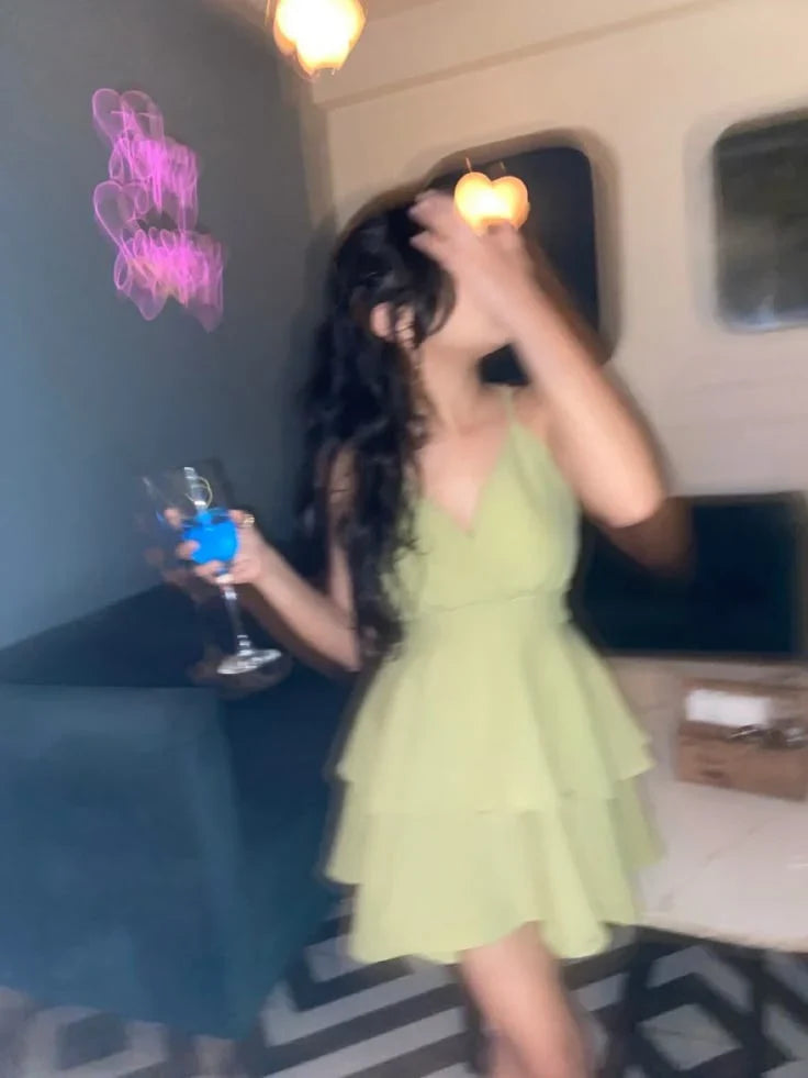 V-Neck Green Layered Homecoming Dress Ruffled Cocktail Dress