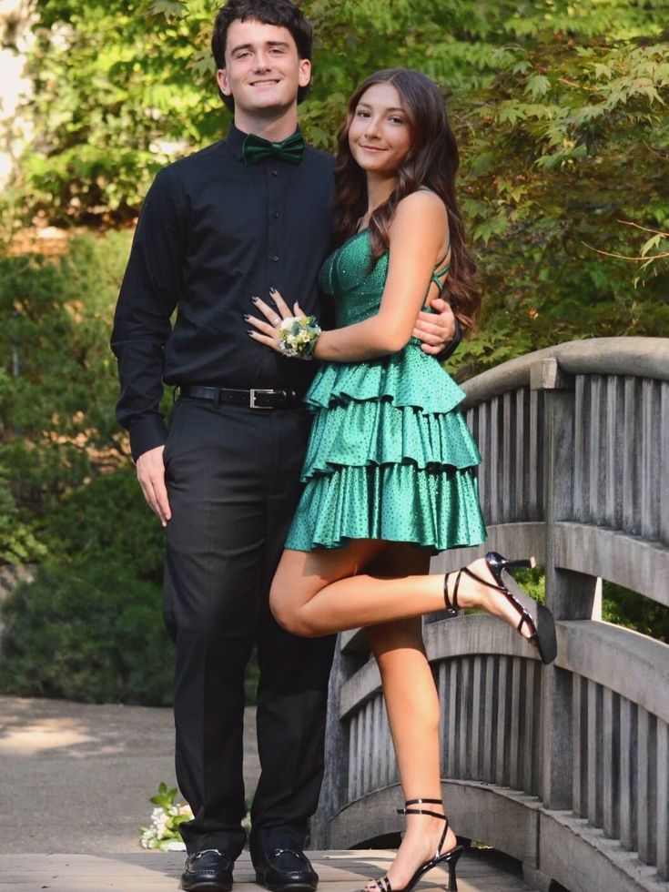 V-Neck Green Satin Homecoming Dress Layered Short Dress