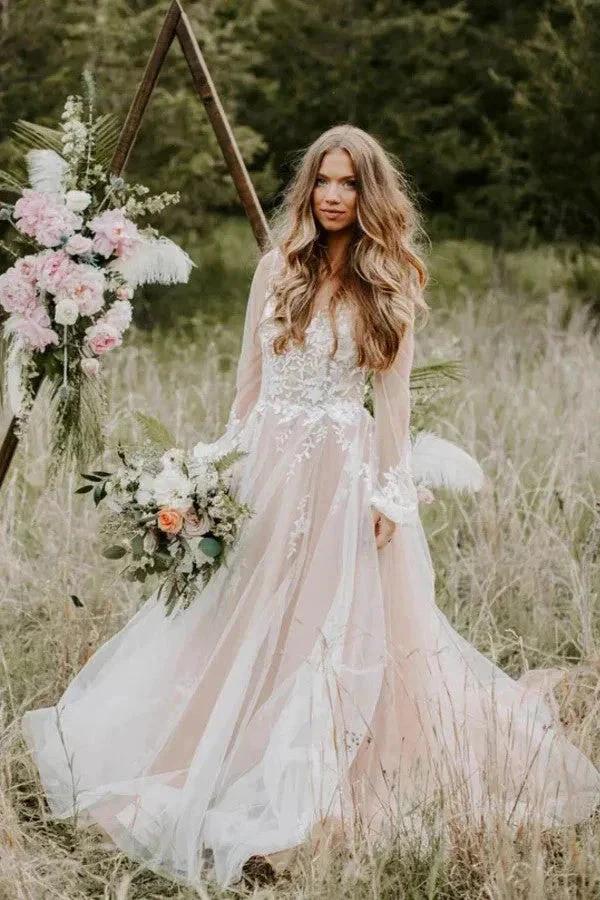 V Neck Long Sleeve Wedding Dress Rustic Wedding Gown WD725 by pgmdress