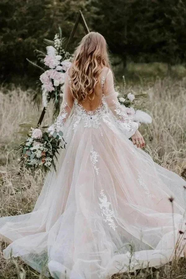 V Neck Long Sleeve Wedding Dress Rustic Wedding Gown (ZD16100)
