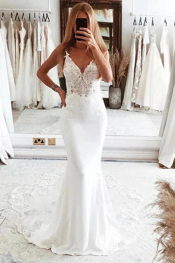 V Neck Mermaid Spaghetti Straps White Wedding Dress WD736 by pgmdress