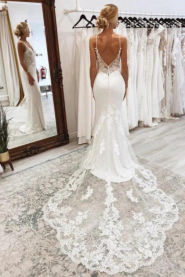 V Neck Mermaid Spaghetti Straps White Wedding Dress (ZD16089)