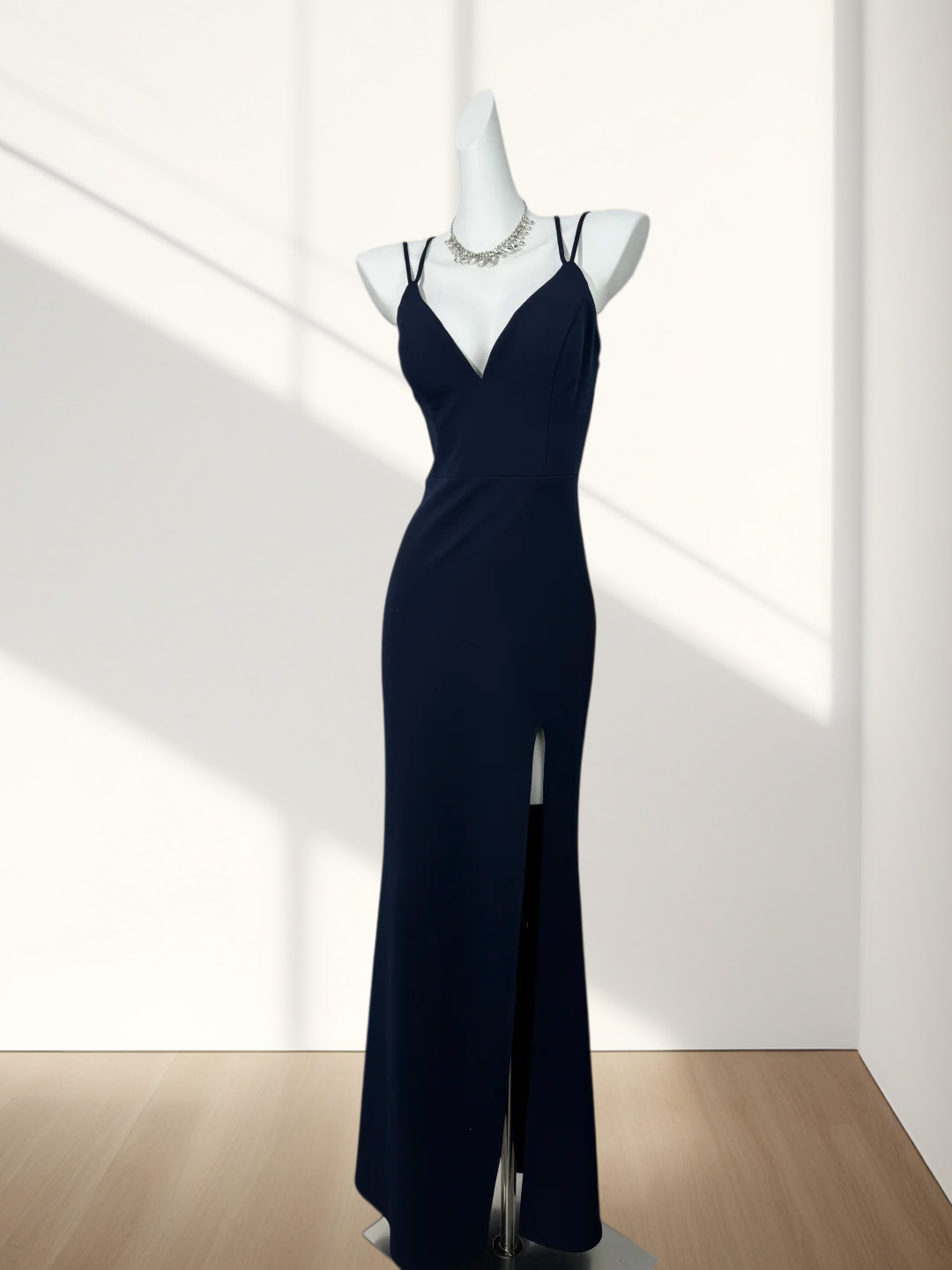 V-Neck Navy Blue Sheath Prom Dress With Slit Sexy Evening Dress