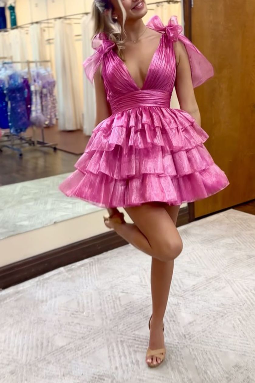 V-Neck Pink Layered Homecoming Dress A-Line Party Dress