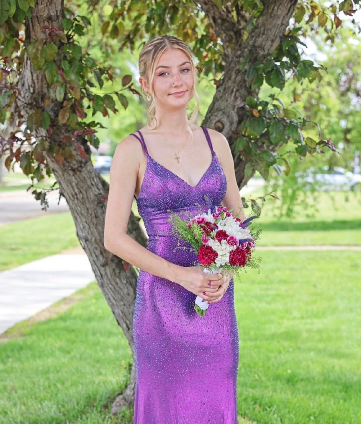 V-Neck Purple Mermaid Prom Dress Satin Evening Dress