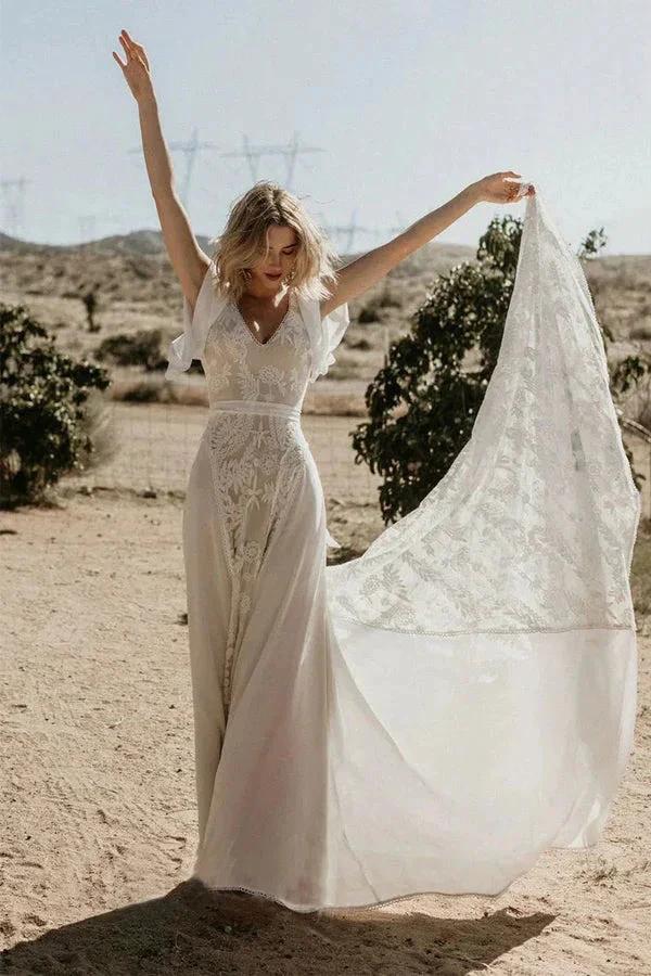 V Neckline Backless Lace Chiffon Bohemian Wedding Dress WD734 by pgmdress