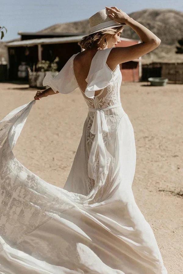 V Neckline Backless Lace Chiffon Bohemian Wedding Dress (ZD16091)
