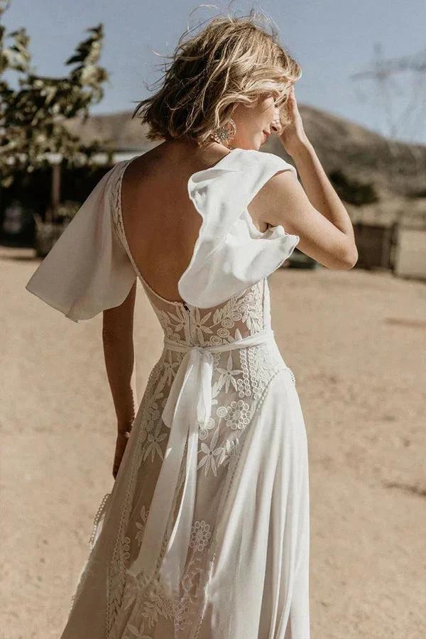 V Neckline Backless Lace Chiffon Bohemian Wedding Dress (ZD16091)
