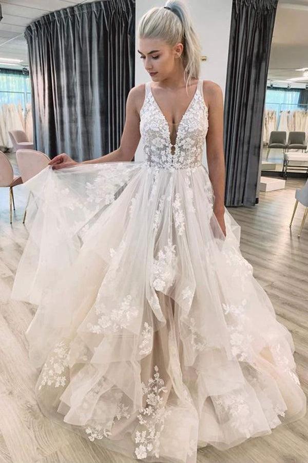 V Neckline Tired Tulle A-line Lace Wedding Dress Floor Length (ZD16357)