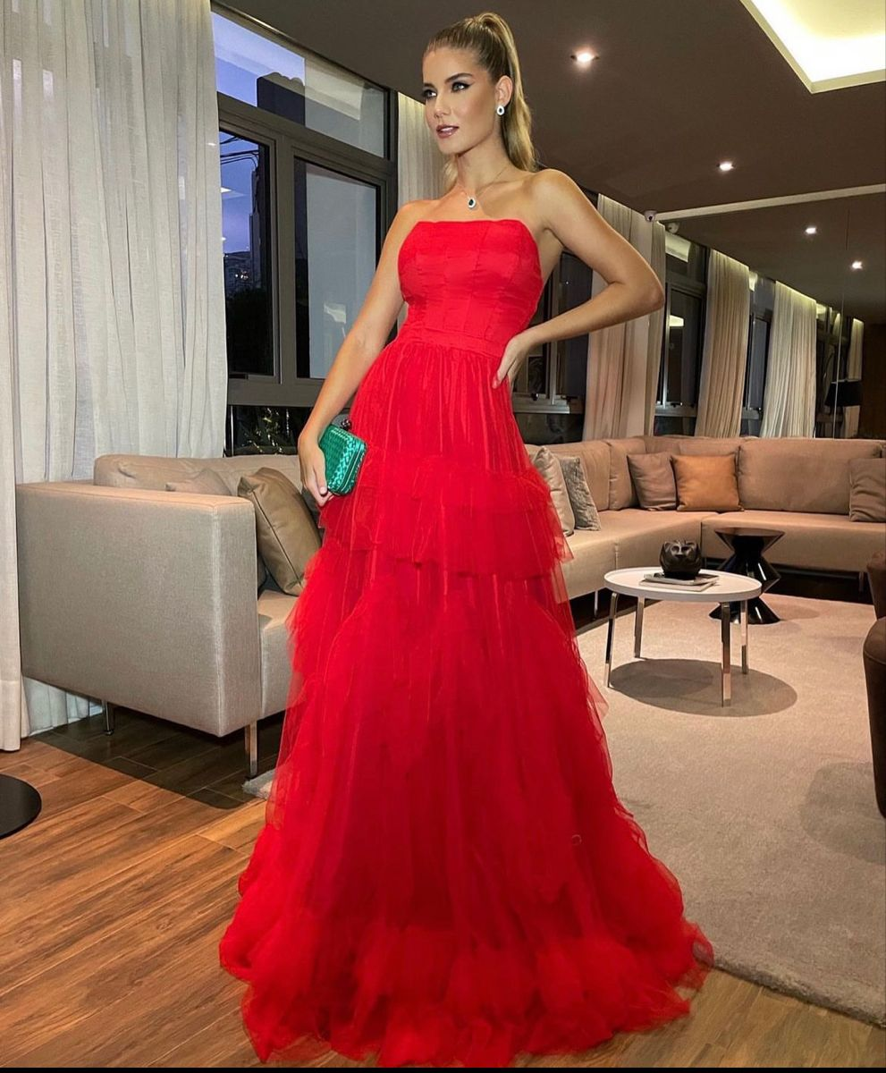 Red Strapless Tulle Prom Dress,Red Long Evening Dress Y2354 - VelvetHem