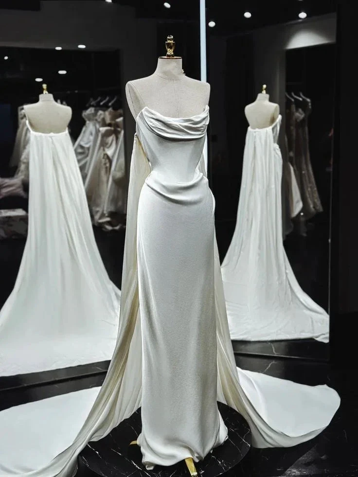 Classy Mermaid Strapless White Satin Wedding Dress Prom Dress Y7833 by simplepromdress