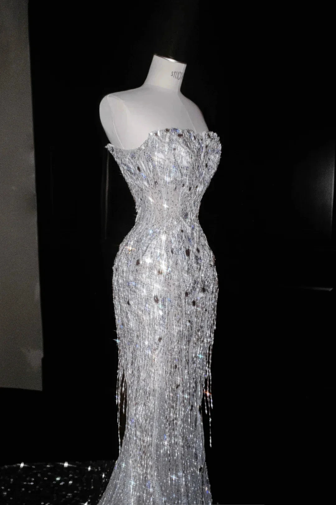 Sparkly Strapless Tulle Sequins Tassel Evening Dress,Slit Mermaid Prom Dress Wedding Dress (ZD13768)
