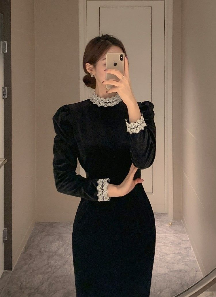 Vintage Black Long Sleeves Evening Dress Black Formal Dress Y5695 - View 2 | VelvetHem