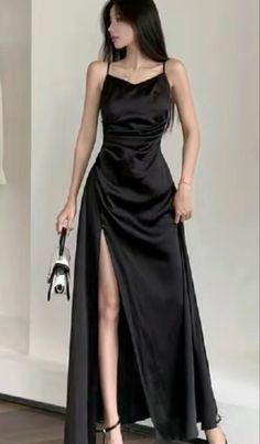 Simple Spaghetti Straps Black Slit A Line Evening Dress Long Prom Dress