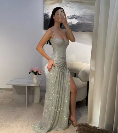 Gorgeous Spaghetti Straps Silver Sequin Side Slit Long Prom Dress Evening Dress