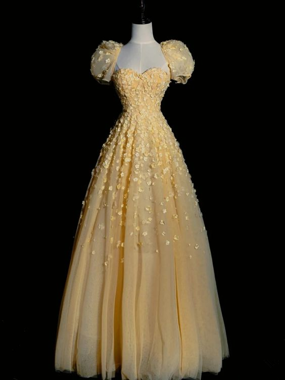 Charming Yellow A-line Puffy Sleeves Floral Prom Dress,Fairy Dress