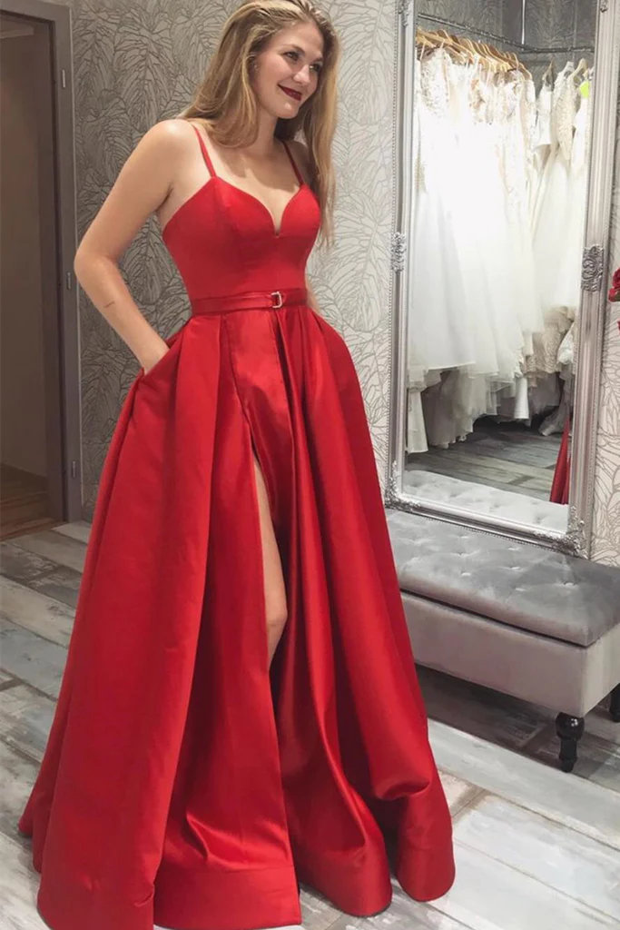Simple V Neck Red Satin Long Prom Dress with High Slit, V Neck Red Formal Graduation Evening Dress Y220 - View 2 | VelvetHem