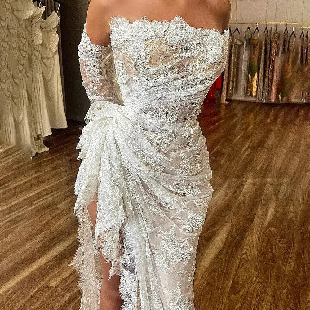 Sheath Strapless Bridal Gown Lace Mermaid Ruched Lace High Low Thigh Split Custom Made Wedding Dress (ZD13653)