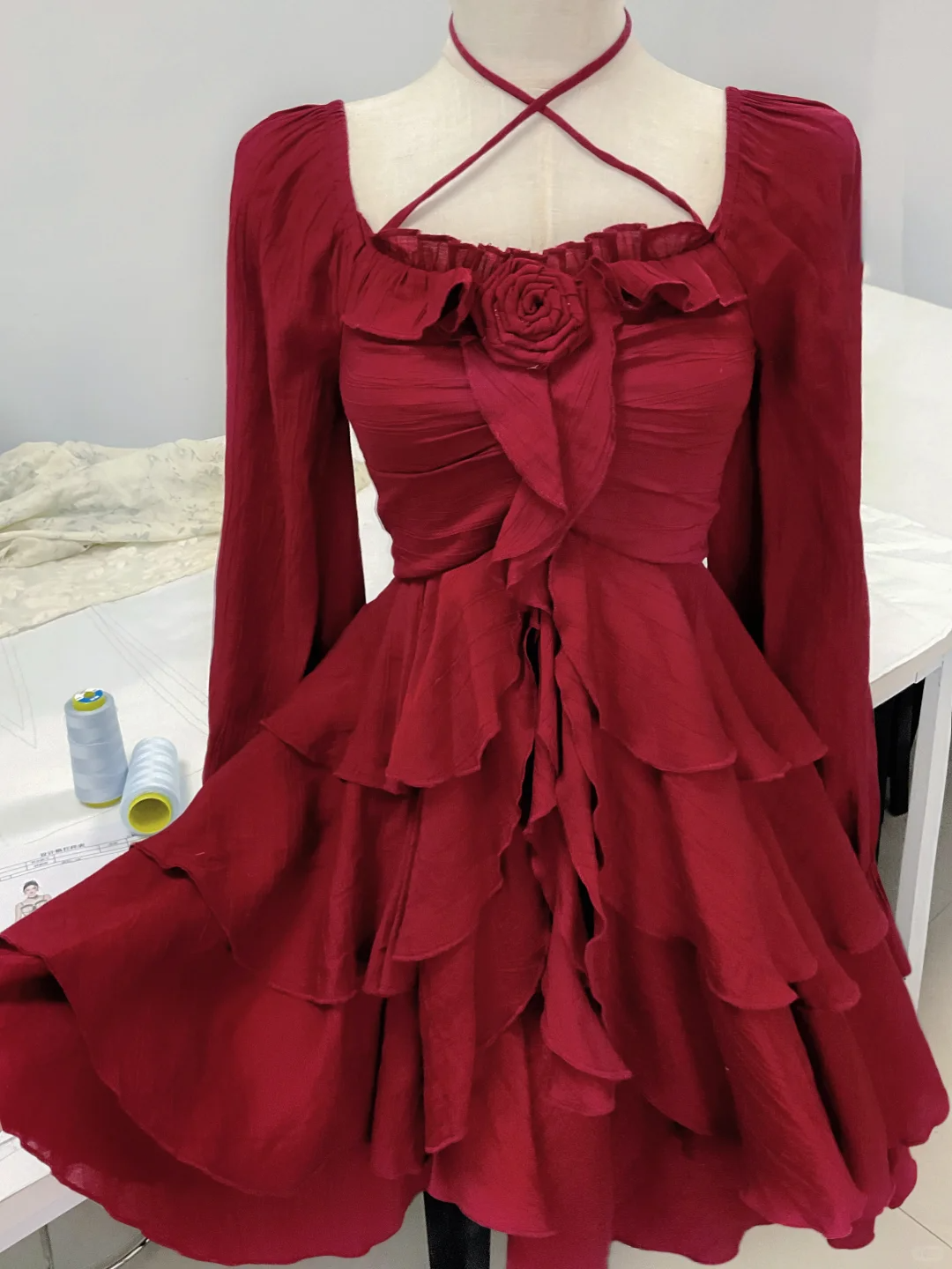 Elegant Burgundy Chiffon Layered Long Sleeves Short Party Dress Homecoming Dress - FashionDia